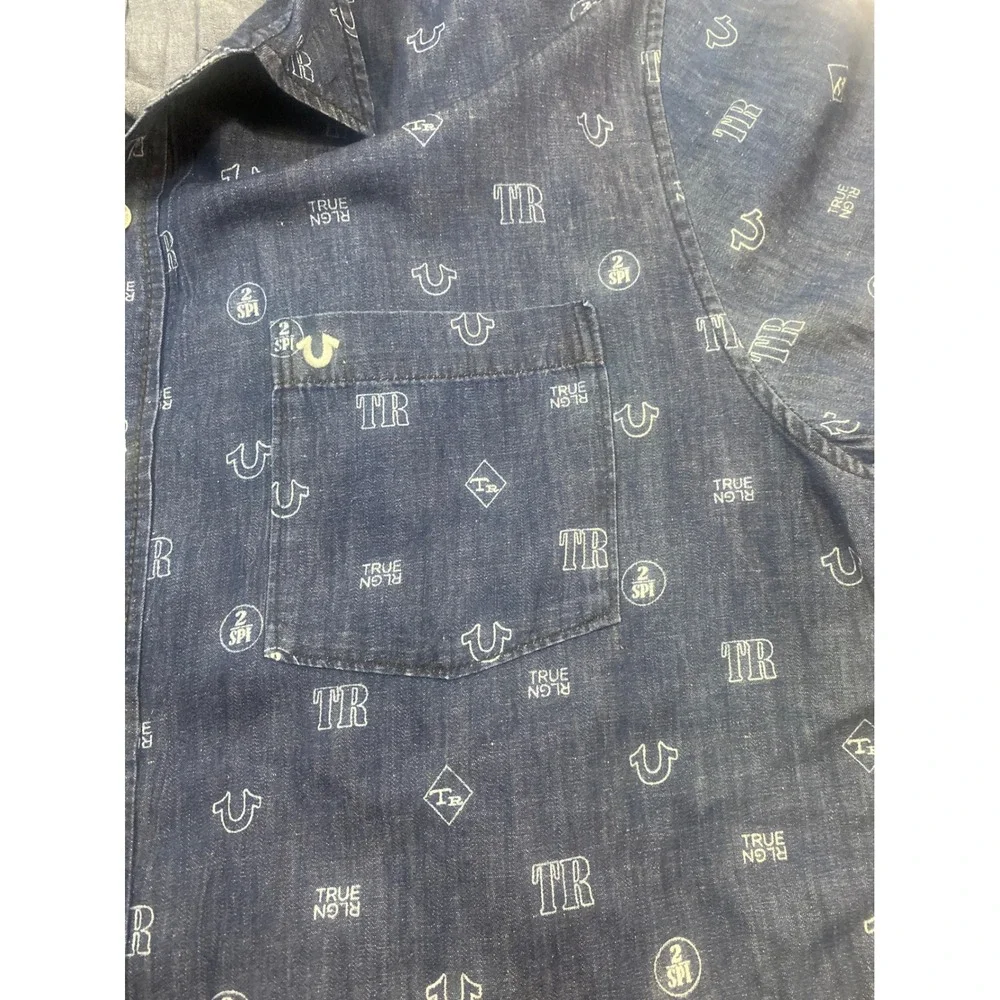 True Religion Denim Button Down Shirt XX‎ Large Slim Fit Mono Print